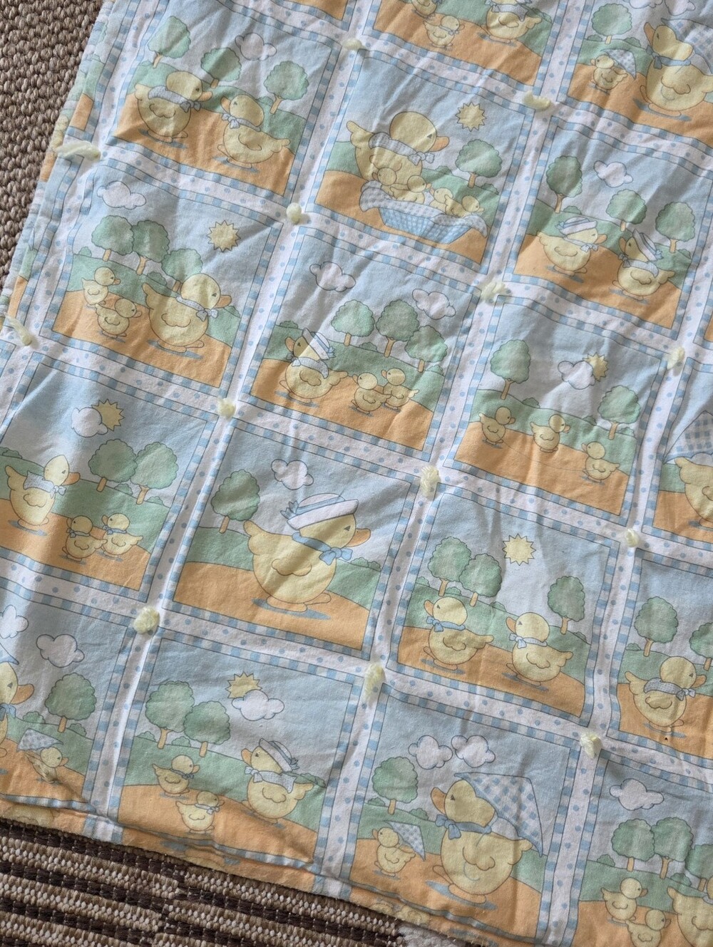 Vintage Baby Duck Print Cotton Toddler Or Baby Quilt - Blue & Yellow